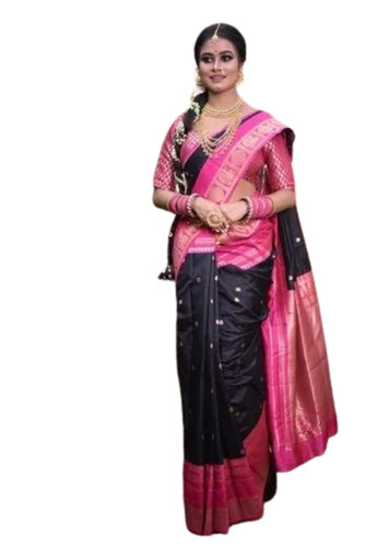 Jacquard Silk Border Saree - Art Silk, 6.3 m Length with Blouse Piece, Pink & Black Color, Embroidered Pattern, Light Weight & Breathable Design, Party Wear, Suitable for Summer & Winter Seasons