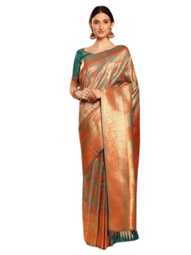Kanchipuram Pattu Saree - Art Silk, 6.3 m Length with Blouse Piece, Golden Color | Light Weight, Breathable, Zari Work for Party Wear