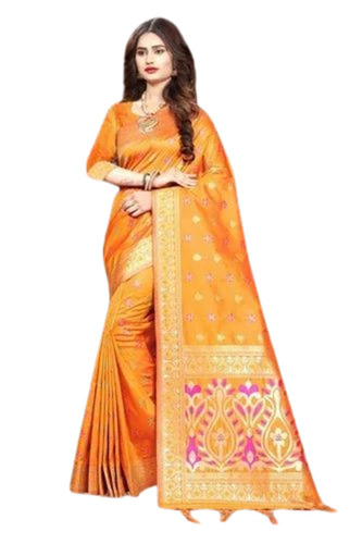 Kanchipuram Silk Saree - 6.3 m Length, Orange Color | Light Weight, Breathable, Dry Clean Only, 100% Pure Art Silk