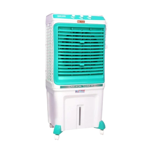 Tower Air Cooler - Plastic, Floor Standing | Manual Cleaning, Castor Wheels, Stylish Green-White-Blue Design, 40-60 ft Air Throw