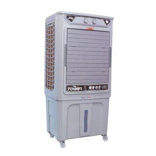 Tower Air Cooler - 70L Capacity, Blue and White Plastic Build | Manual Cleaning Method, Easy Movability with Castor Wheels, Ideal for Home and Hotel Use