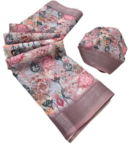 Zari Border Linen Saree - 100% Cotton 6.3 m Length with Blouse Multicolor Light Weight & Breathable Perfect for Summer & Winter Party Wear