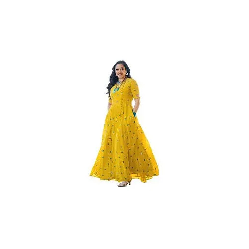 Cotton Printed Long Kurti - 3/4th Sleeve Casual Wear | Machine Wash No Fade Available in M L S XL Yellow