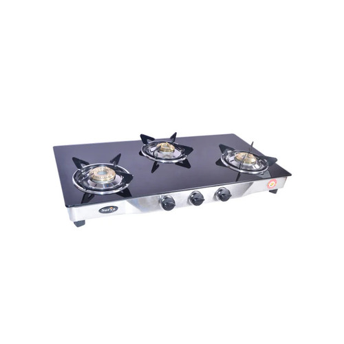 3 Burner Glass & Steel LPG Stove - Black or Digital Finish | Manual Ignition, Backlight Knob