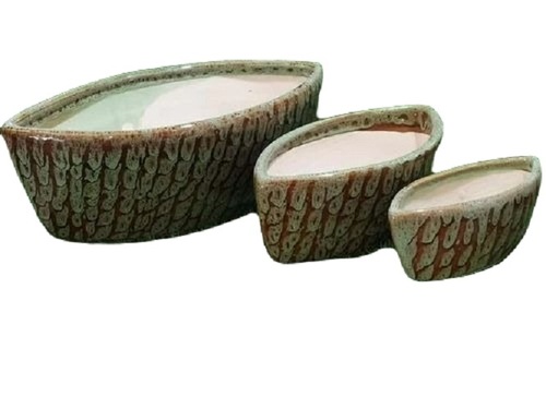 Boat Shape Ceramic Bonsai Pot Set - 3 Inch, 5 Inch, 6 Inch | White and Brown Polished Finish, Perfect for Decoration and Plant Display
