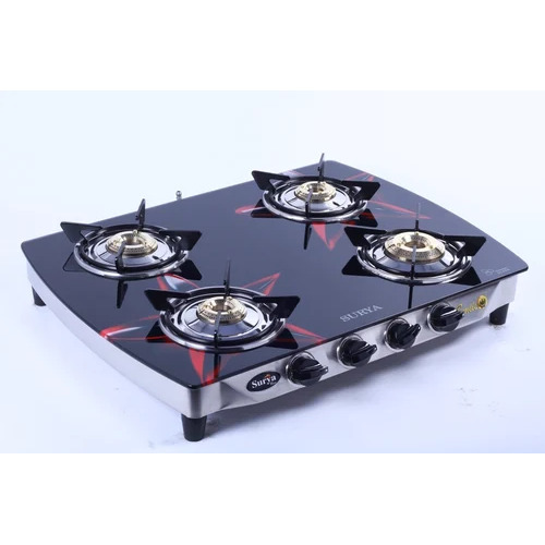 Four Burner Glass Gas Stove - 7mm Glass & Stainless Steel | 54 cm x 64 cm x 10 cm, Manual Ignition, LPG Compatible