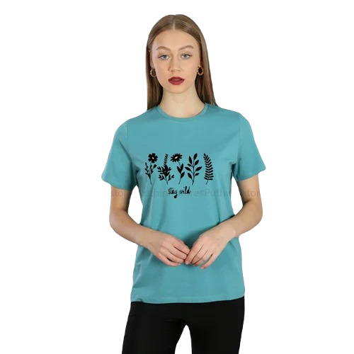 Ladies Printed Cotton T-Shirt - Medium Size Green Color | Short Sleeves O-Neck Collar Attractive Pattern for Casual Wear