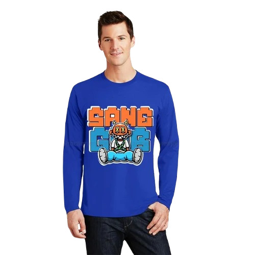 Men's Casual Printed T-Shirt - Cotton Fabric Size S Blue Color Long Sleeves O-Neck Collar Regular Fit Attractive Pattern