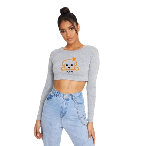 Women Fancy Crop Tops - Cotton, Size XS-XL | Grey Melange, Printed Pattern, Casual Summer Party Wear