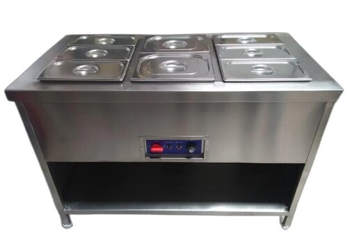 Bain Marie Counter - Stainless Steel, Rectangular 5.5 Feet Height with 6 Shelves, 6 mm Glass Thickness, Silver Color | Ideal for Bakery and Hotel Use