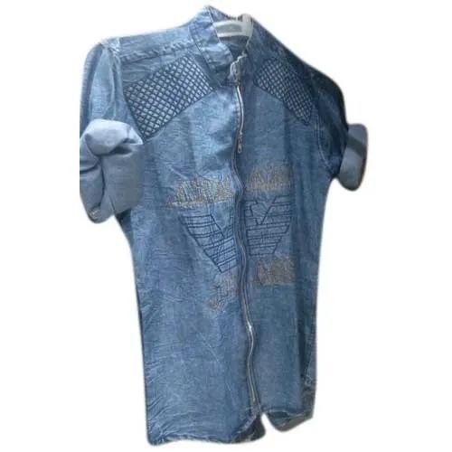 Mens Stylish Casual Denim Shirt - Slim Fit Washed Finish Blue | Soft Fabric Button Closure Chest Pockets Faded Design Durable Stitching Full Sleeves