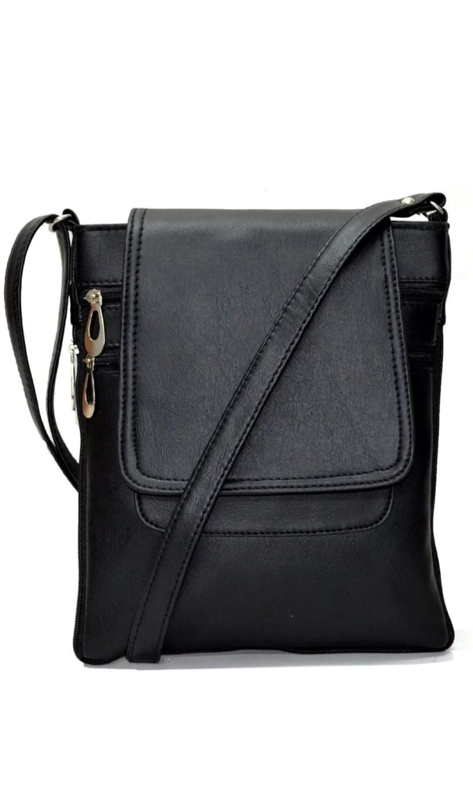 Black PU Leather Side Sling Bag - 1 Compartment With Magnetic Flap | Moisture Proof Zipper Top Plain Design Ladies Purse