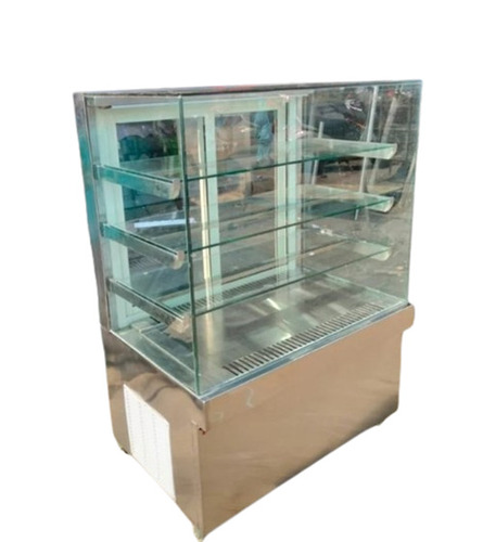 Bakery Display Counter - Stainless Steel, Rectangular 2 Shelves, 4 Feet Height, 6 mm Glass Thickness, Tanparante Color | Silver Metal Finish, Elegant Design