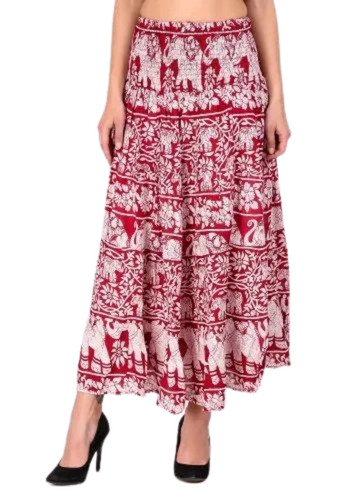 Ladies Casual Wear Long Skirt - Cotton Fabric, All Sizes, Red and White Printed Pattern, Long Length for Summer Style | Perfect for Casual Occasions