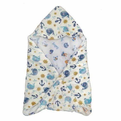 Woolen Printed Hooded Baby Blanket - Premium Quality, Optimum Softness, White Base with Multicolor Patterns, Hand Washable for Unisex Use