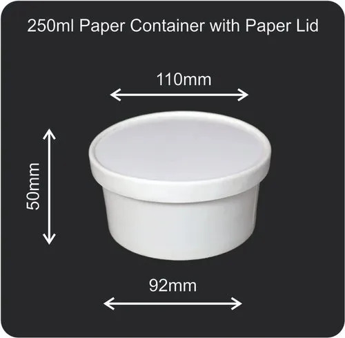 250ml Paper Containers with Lid - Paper Material, 250ml Size, Matte White Finish | Eco-Friendly, Leak-Proof, Compact, Customizable, Suitable for Hot & Cold Items