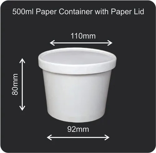 500ml Paper Container With Paper Lid - Biodegradable Paper, Round Shape, Matte White Finish | Eco-Friendly, Leak-Proof, Customizable, Durable, Stackable