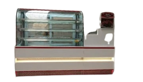 Cake Display Counter - Curved Steel Design, 4 to 6 Feet Length, 3 Shelves, 8mm to 12mm Tafan Glass, Silver Finish