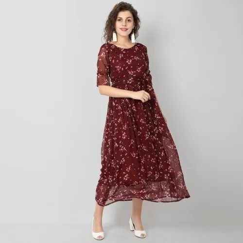 Chiffon Fit And Flare Puss Sleeve Maxi Dress