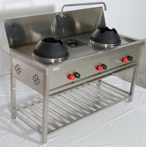 Commercial Cooking Range - Stainless Steel, 2 High-Pressure Chinese Burners & 1 Indian Burner | Semi-Automatic, Customized for Hotels & Restaurants