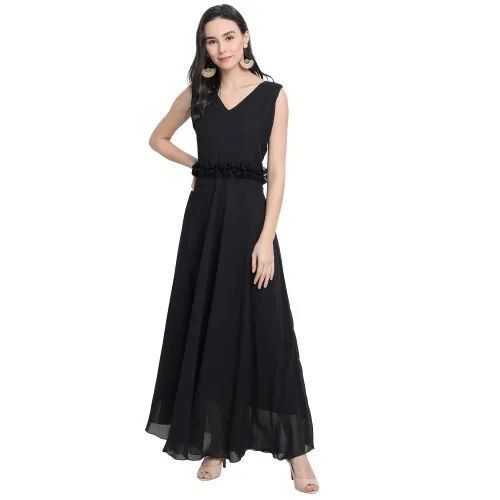 Fancy Women Black Solid Maxi Dress