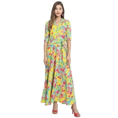 Fit And Flare Floral Print Court Collar Yellow Mexi Dress