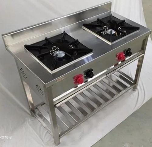 Two Burner Indian Cooking Range - LPG/PNG, Stainless Steel 304, Silver Finish | Durable Casting or Brass Burners for Commercial Kitchens
