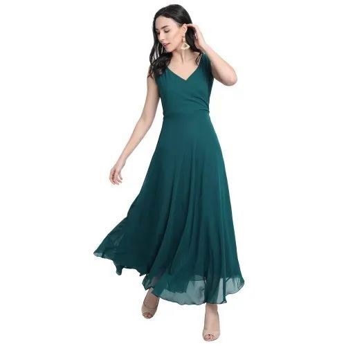 V Neck Solid Sleeveless Teal Blue Maxi Dress