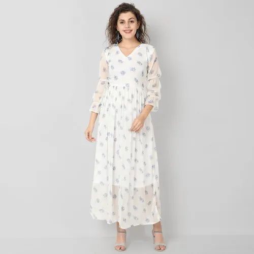 White Polyester Floor-Length Maxi Dress - Premium Quality, Breathable Lightweight Fabric, Vibrant Colors, Elegant Look, Soft Feel, Comfortable Fit, Eye-Catching Print, Short Sleeves, Adjustable Straps, Anti-Wrinkle, Washable, Waterproof