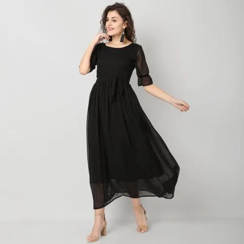 Women Fit And Flare Dress - Lightweight Polyester, Sizes XS to M, Black | Premium Quality, Breathable Material, Soft Feel, Adjustable Straps, Eye-Catching Print, Elegant Look, Anti-Wrinkle, Washable