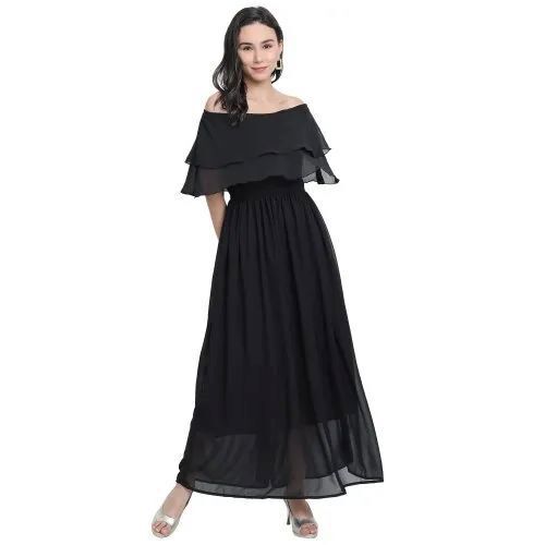 Women's Floor-Length Off Shoulder Gown - Premium Lightweight Fabric, Vibrant Black Color | Soft Feel, Breathable Material, Eye-Catching Print, Adjustable Straps, Comfortable Fit, Short Sleeves, Anti-Wrinkle, Washable, Waterproof