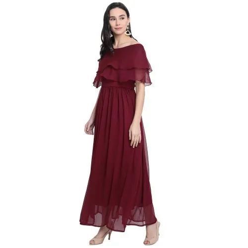 Women's Floor-Length Off Shoulder Gown - Premium Quality Lightweight Fabric, Mehroon Color, Elegantly Printed | Soft Feel, Comfortable Fit, Adjustable Straps, Breathable Material, Anti-Wrinkle, Washable