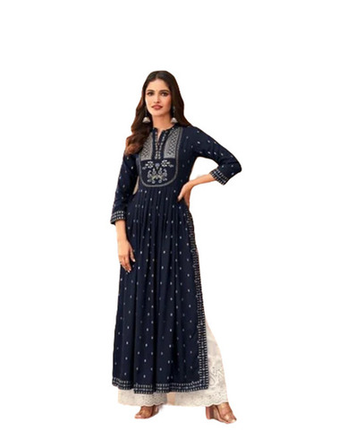 Casual Ladies Kurtis - Rayon Sizes M-L-XL Blue | Trendy Emitted 3-4th Sleeve Quick Dry Washable Breathable Regular Fit