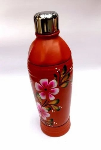 1 Litre Clay Water Bottle - Clay Material, 1 Litre Size, Brown Color, Steel Cap , Round Design Ideal for Water Storage