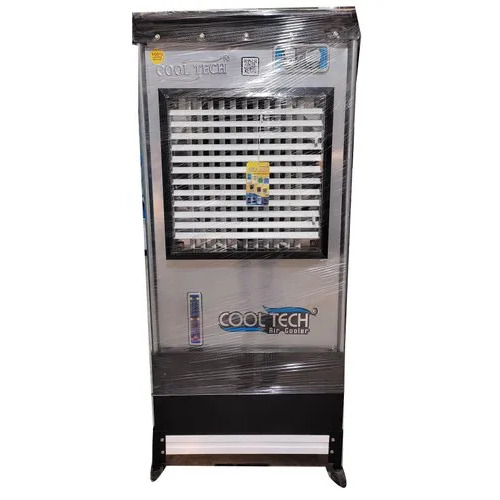 85 Ltr Metal Tower Air Cooler - 85L Tank Capacity, White, Blue & Silver, 200V Power, Floor Standing with Caster Wheels, Hybrid Pads Cooling Medium