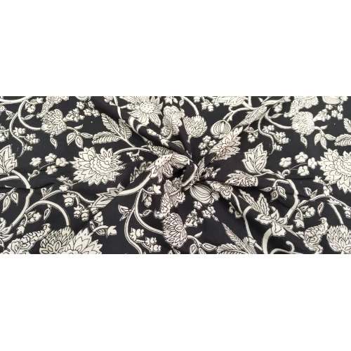Floral Print Kalamkari Silk Fabric - 100% Silk, 33 Inch Width, Black Color | Machine Washable, All-Season Texture