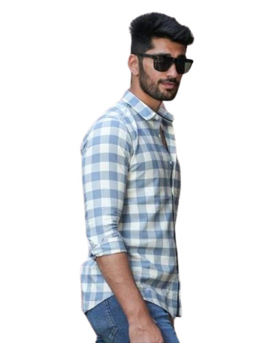 Cotton Check Shirt - 100% Pure Cotton Regular Fit Blue & White Checks | Lightweight Breathable Full Sleeves Button Down Collar Perfect for Summer and Winter