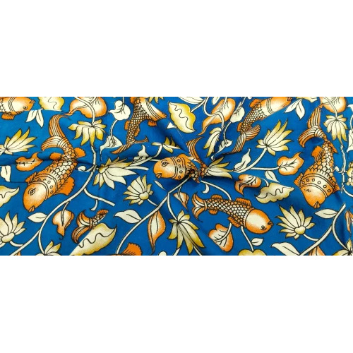 Kalamkari Silk Fabric - 100% Silk, 38 Inch Width, Dark Blue Floral Print | Machine Washable, All Season, Textured Finish
