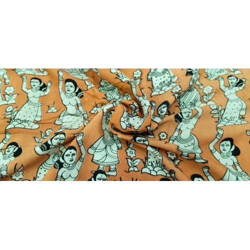 Dull Yellow Printed Kalamkari Silk Fabric - 240 GSM, 100% Silk Material, 37 Inch Width, Machine Washable, All-Season Suitable