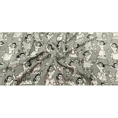 Grey Printed Kalamkari Silk Fabric