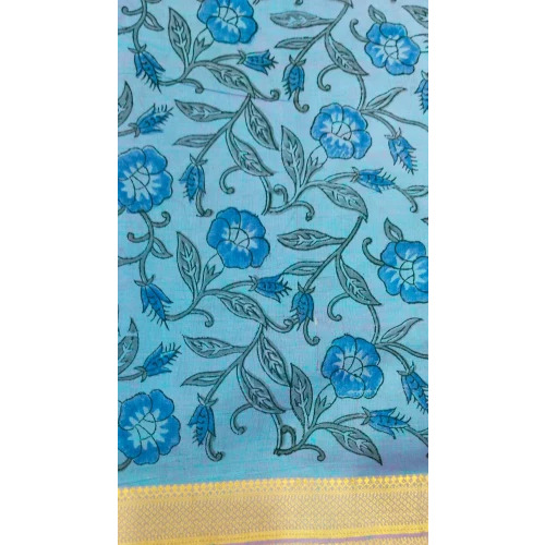 Ajrakh Print Handloom Fabric - 35 Inch, Light Blue Color | 230 GSM, Nizam Border Pattern, Hand Washable for Garment Use