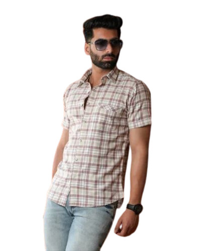 Men's Cotton Check Shirt - Light Weight, Regular Fit, Breathable Design | Short Sleeves, 100% Cotton, Brown Color, Available in S, M, L, XL