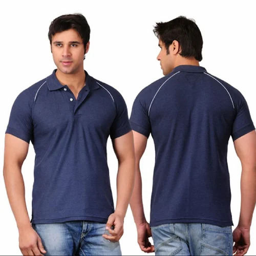 Men's Cotton T Shirts - Light Weight, Breathable Pure 100% Cotton, Short Sleeves, Polo Collar, Plain Blue, Available in S, M, L, XL