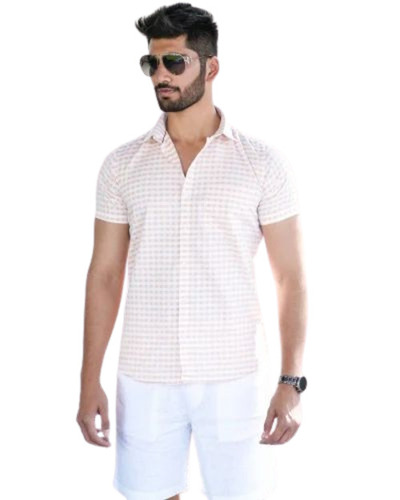 Mens Cotton Printed Pink Shirt - Regular Fit Lightweight & Breathable Short Sleeves for Summer