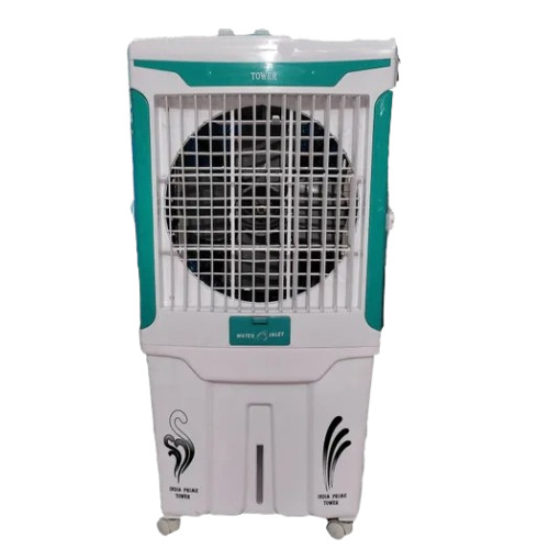 Plastic Tower Air Cooler - 85L Capacity, Hybrid Pads, 240V Power Consumption | Floor Standing, Caster Wheels, Manual Cleaning, Green and White Design for Home and Industry Use