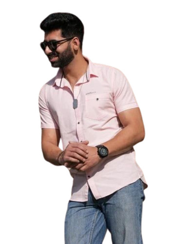 Poly Cotton Plain Shirt - Regular Fit, Light Weight and Breathable in Pink | Button Down Collar, Short Sleeves for Summer Wear