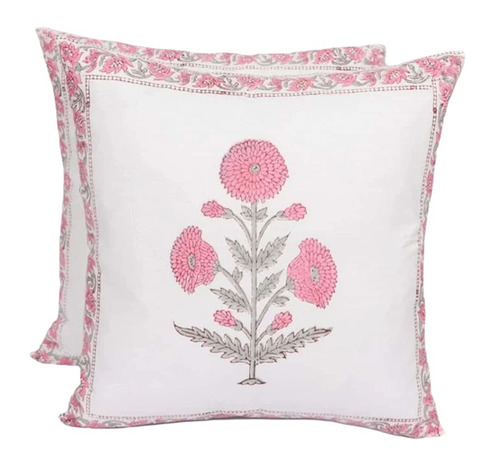 Printed Cotton Cushion Cover - 16x16 Inches, White & Pink, Easy Washable and Quick Dry, Breathable and Lightweight, Fade and Wrinkle Resistant