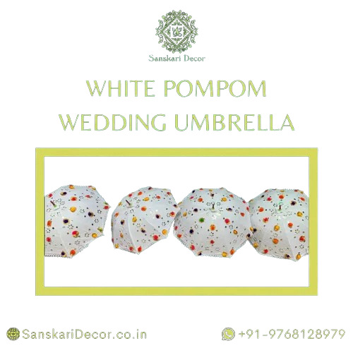 White Cotton Pompom Decorative Umbrella - Premium Quality Two-Fold Manual Design | Customizable Multicolor Options Metal Handle