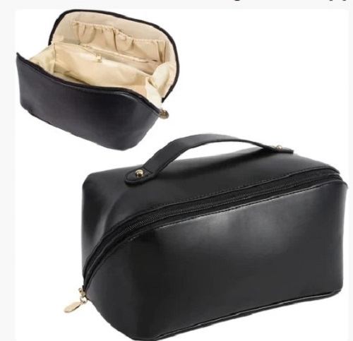 Cosmetic Black Leather Bag - Leather | Various Sizes Available, Black Color, Zipper Closure, Spacious Design, Easy to Clean, Quality Tested