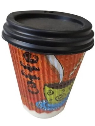 Disposable Plastic Coffee Glass - 300ml, Black and Orange with Printed Pattern, 5mm Thickness, Includes Lid, Perfect for Events and Parties